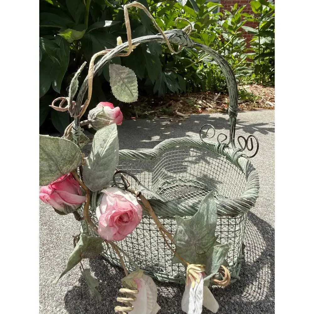 Vintage Heart Shaped Metal Wire Basket with Roses